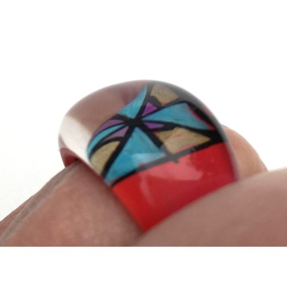 Vintage Lucite Ring Translucent Clear Red & Metallic Colors Hand Painted Chunky - Picture 2 of 6